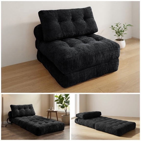 Oak and Birch Boneless Folding Sofa Bed, Convertible Floor Futon Chaise Lounge & Sleeper Bed, Shredded Foam Floor Couch for Living Room, Bedroom, Kids Room, Apartment, Chenille, Black