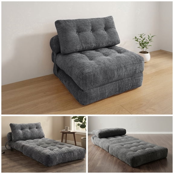 Oak and Birch Boneless Folding Sofa Bed, Convertible Floor Futon Chaise Lounge & Sleeper Bed, Shredded Foam Floor Couch for Living Room, Bedroom, Kids Room, Apartment, Chenille, Dark Gray
