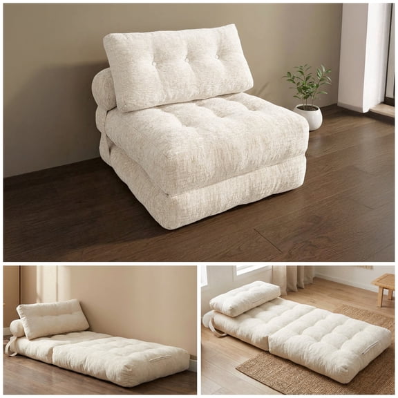 Oak and Birch Boneless Folding Sofa Bed, Convertible Floor Futon Chaise Lounge & Sleeper Bed, Shredded Foam Floor Couch for Living Room, Bedroom, Kids Room, Apartment, Chenille, Ivory