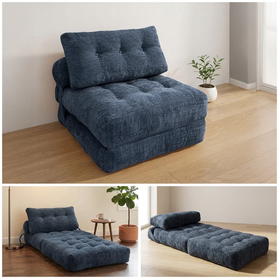 Oak and Birch Boneless Folding Sofa Bed, Convertible Floor Futon Chaise Lounge & Sleeper Bed, Shredded Foam Floor Couch for Living Room, Bedroom, Kids Room, Apartment, Chenille, Navy Blue