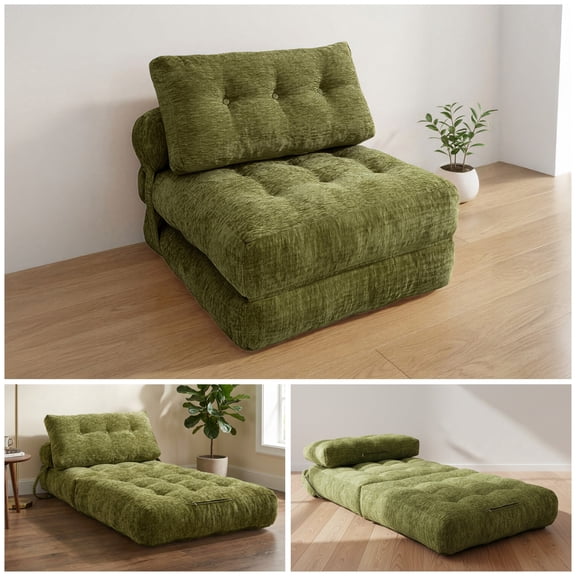 Oak and Birch Boneless Folding Sofa Bed, Convertible Floor Futon Chaise Lounge & Sleeper Bed, Shredded Foam Floor Couch for Living Room, Bedroom, Kids Room, Apartment, Chenille, Olive