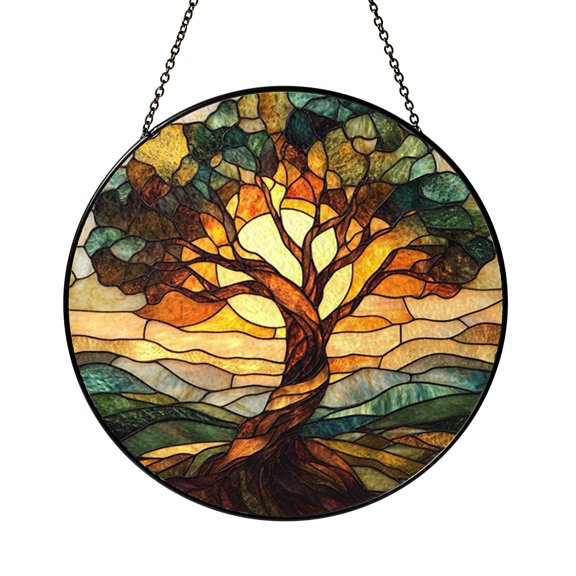 Oak tree window hanging, decorative stained glass style art for nature inspired decor