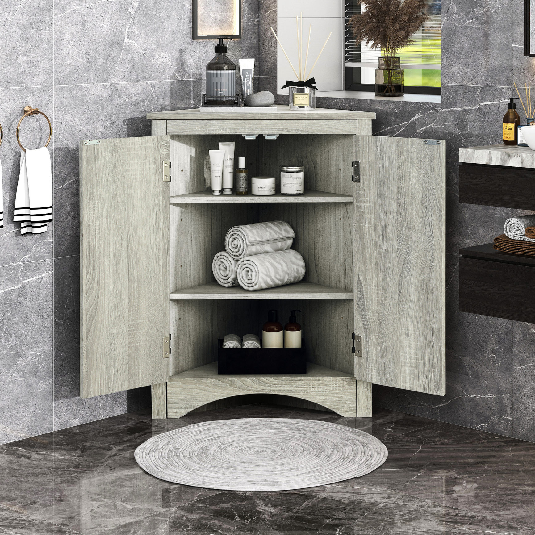 Oak triangle corner cabinet with adjustable shelves for multiple home ...