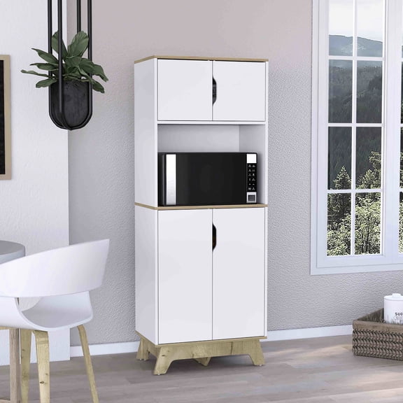 Oak/white Microwave Tall Cabinet For Kitchen, Modern Double Door With Shelf Value, 30.04'' Countertop, 13.9''h X 24.3''w Cabinets, 12.8''h Shelves, Particle Board Counter, Kitchen Shelving Cabinet,