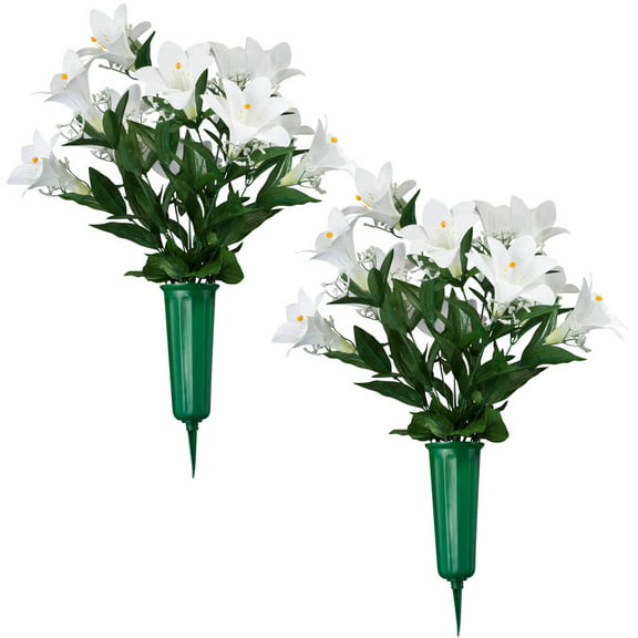OakRidge Easter Lily Memorial Bouquet Silk Floral Indoor/Outdoor Décor, 23” High, Set of 2