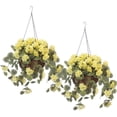 thumbnail image 1 of Fully Assembled Artificial Geranium Hanging Basket, 10” Diameter and 18” Chain – Yellow Polyester/Plastic Flowers in Metal and Coco Fiber Liner Basket for Indoor/Outdoor Use, Set of 2, 1 of 3