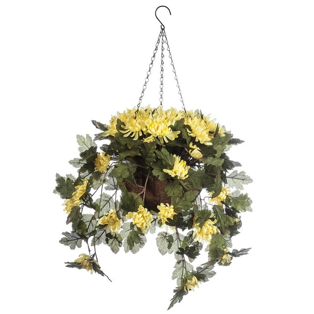 OakRidge Fully Assembled Artificial Mum Hanging Basket, Yellow, 10” Diameter with 18” Long Chain – Polyester/Plastic Flowers in Metal/Coco Fiber Liner Basket for Indoor/Outdoor Use