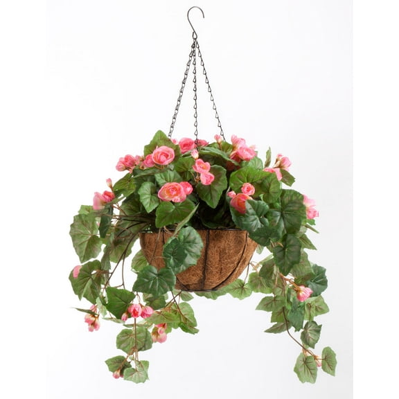 OakRidge Miles Kimball Fully Assembled Artificial Begonia Hanging Basket, 10” Diameter and 18” Chain – Pink Polyester/Plastic Flowers in Metal and Coco Fiber Liner Basket for Indoor/Outdoor Use