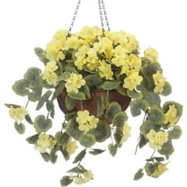 OakRidge Miles Kimball Fully Assembled Artificial Geranium Hanging Basket, 10” Diameter and 18” Chain – Yellow Polyester/Plastic Flowers in Metal and Coco Fiber Liner Basket for Indoor/Outdoor Use