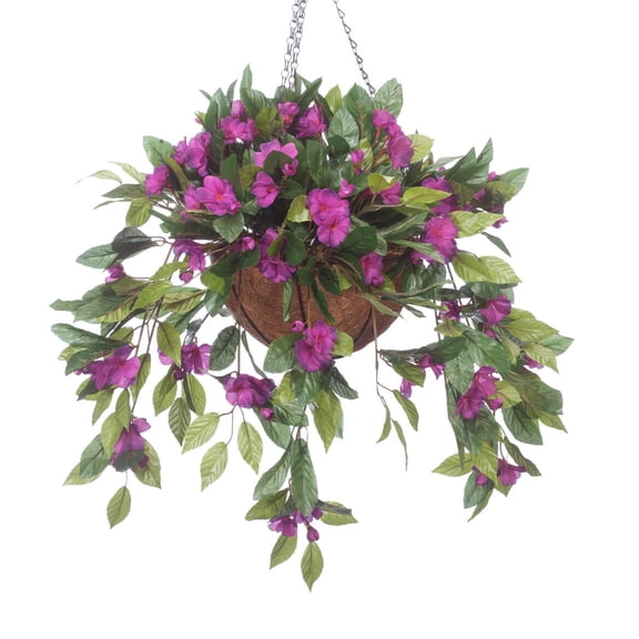 OakRidge Miles Kimball Fully Assembled Artificial Impatiens Hanging Basket, 10” Diameter and 18” Chain – Purple Polyester/Plastic Flowers in Metal and Coco Fiber Liner Basket for Indoor/Outdoor Use