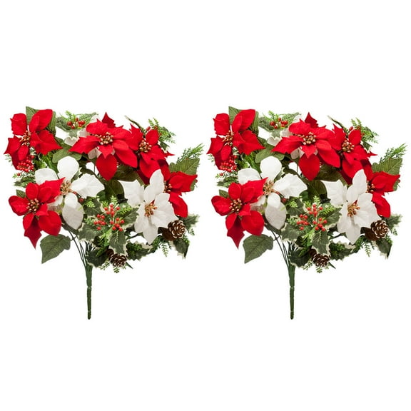 OakRidge Poinsettia & Pinecone Bush, Indoor/Outdoor Christmas Bush, 21" High, Set of 2