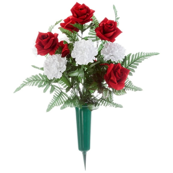 OakRidge Red Roses and White Carnation Memorial Bouquet – Silk Floral Décor for Indoor/Outdoor Use – 12” Diameter
