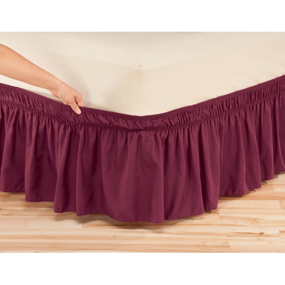 OakRidge Wrap Around Ruffled Bed Skirt, Easy On/Easy Off, 14” Length, Twin, Burgundy
