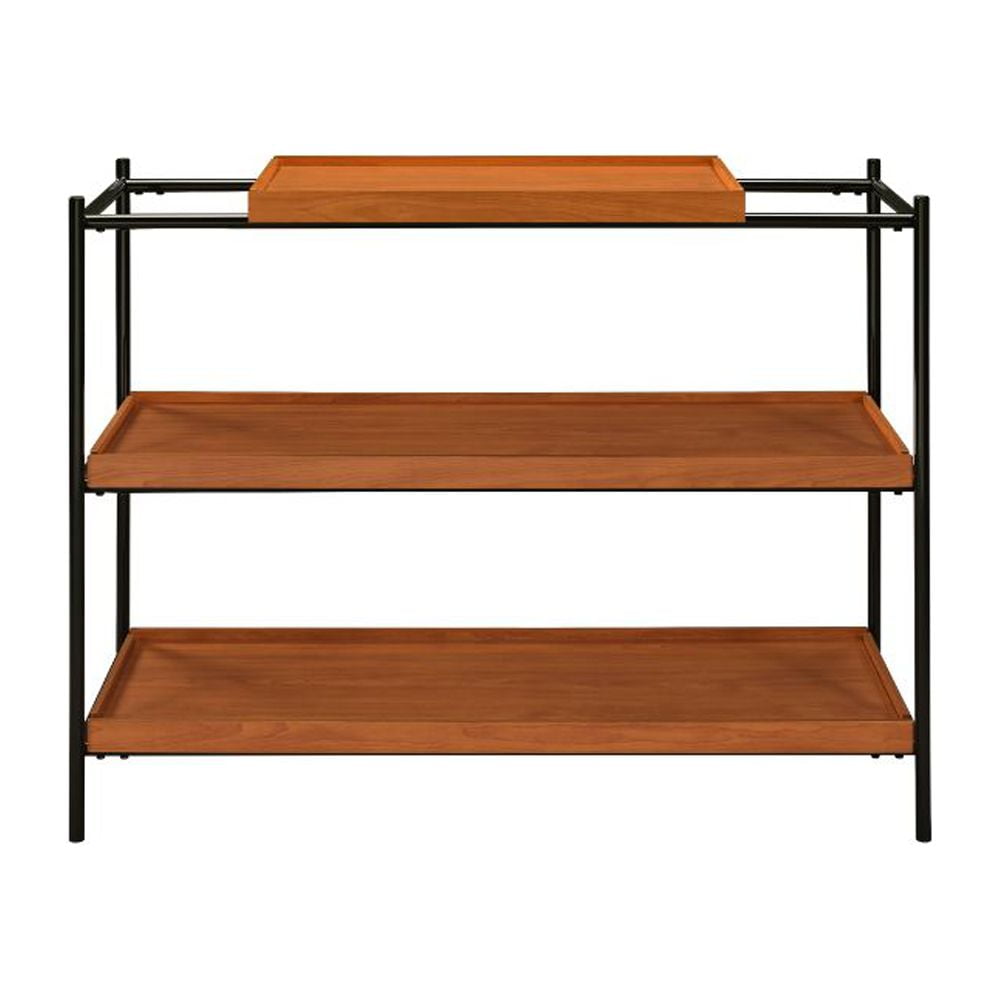 Transitional Oak Brown and Black Metal Frame Sofa Table with Storage