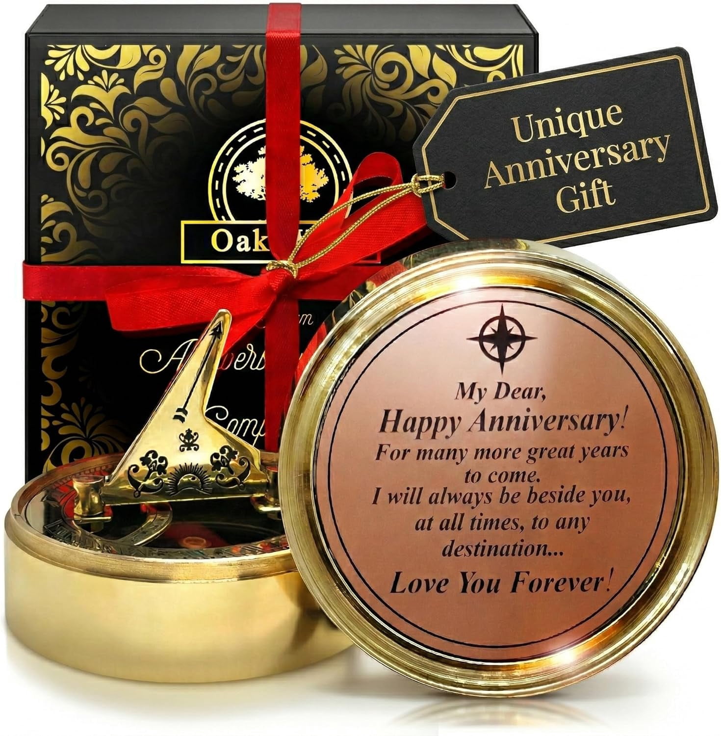 OakiWay Brass Sundial Compass Anniversary Gift for Husband,- Unique & Unusual Present Idea for Men, - Gift Card Included