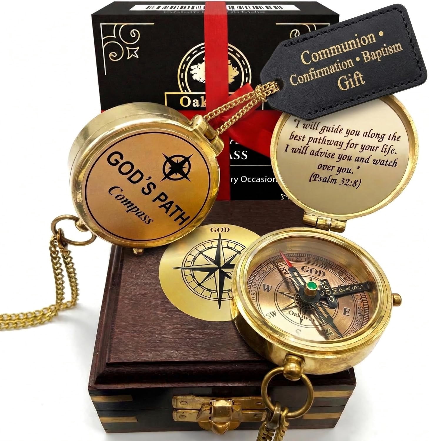 OakiWay God's Path Compass for Men and Boys - Religious Gift, Baptism Gift for Teenage Boys, Keepsake with Wooden Box, Greeting Card, and Inspirational Compass – Unique Collectible - (Psalm 32:8)
