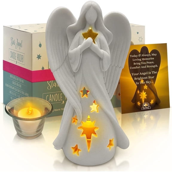 OakiWay Star Angel Tea-light candle Holder with Flickering LED light- Memorial sympathy Gift for lot of loved one, Bereavement Keepsake with card- Home Decor figurine