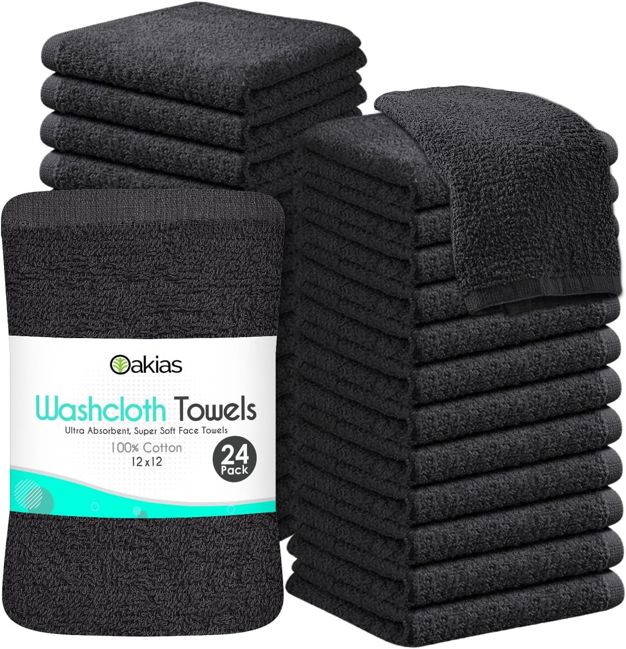 Oakias Dark Grey Washcloths 24 Pack Cotton Face Towels 12 by 12 Inches Multipurpose, Soft