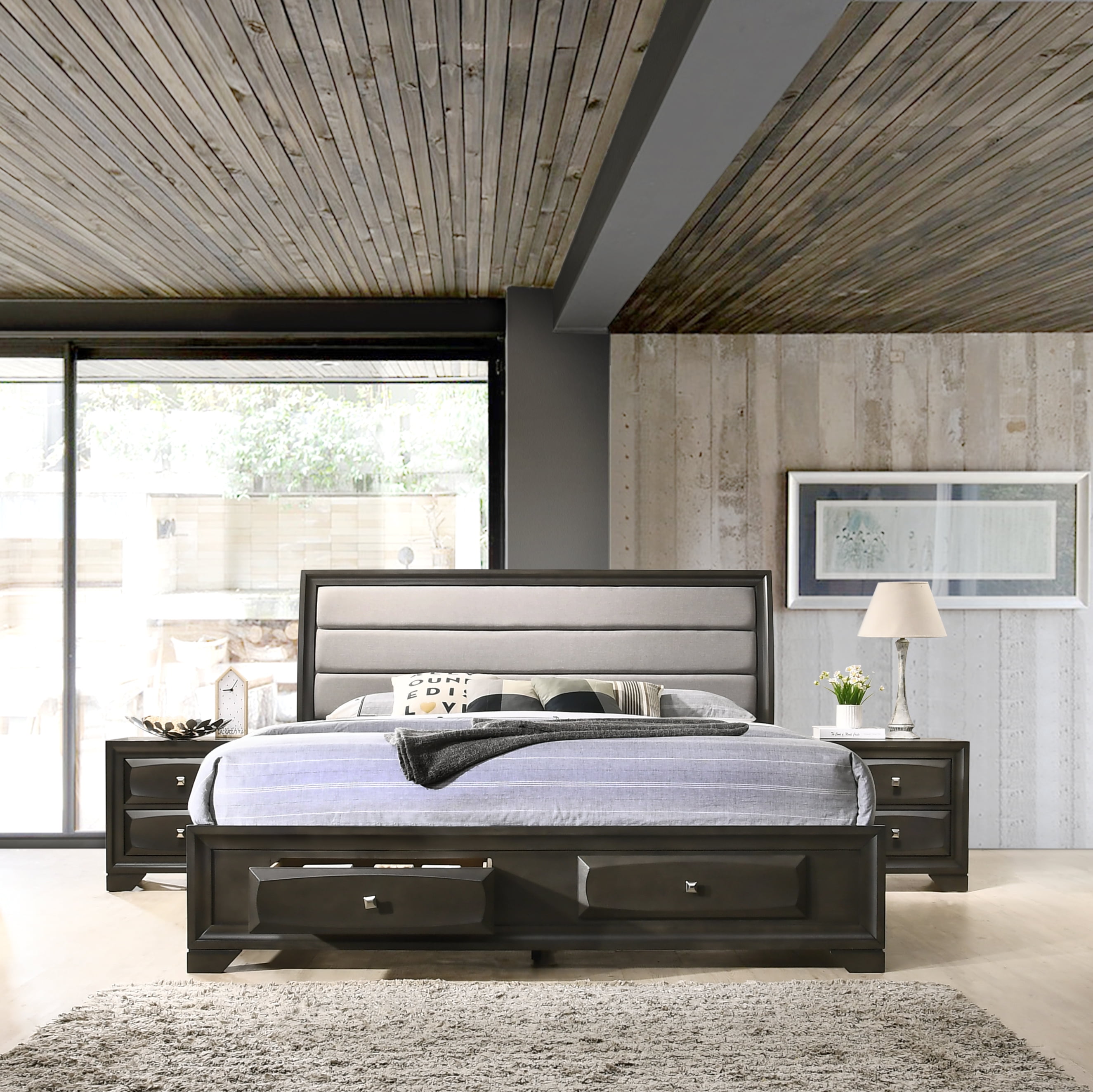 Oakland Antique Gray Finish Wood 3-Piece Bedroom Set with King Bed and Two Nightstands