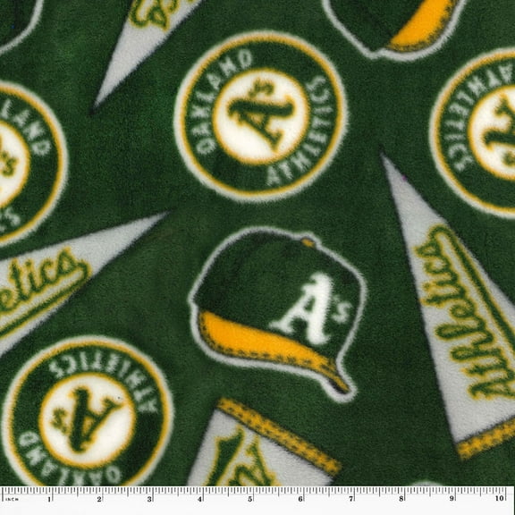 Oakland Athletics 58" 100% Polyester Fleece Sports Sewing & Craft Fabric By the Yard, Green, Yellow and White