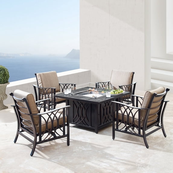 Oakland Living ARMENIA-CAVE-5PC-AC 42 in. Outdoor Aluminum Square Fire Table Set with Four Deep Seating Rocking Chair - 5 Piece