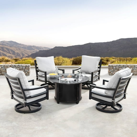 Oakland Living 44 in. Outdoor Aluminum Round Fire Table Set with Four Deep Seating Swivel Rocking Chair - 5 Piece