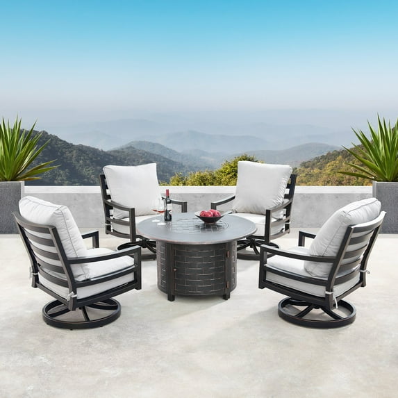 Oakland Living 44 in. Outdoor Aluminum Round Fire Table Set with Four Deep Seating Swivel Rocking Chair - 5 Piece