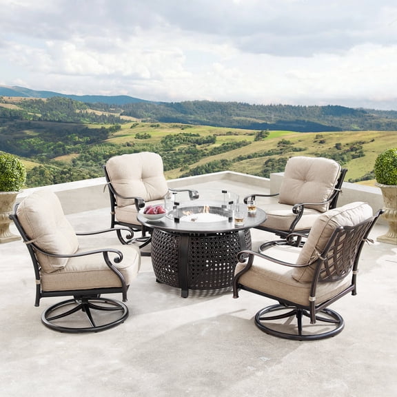 Oakland Living 44 in. Outdoor Aluminum Round Fire Table Set with Four Deep Seating Swivel Rocking Chair - 5 Piece