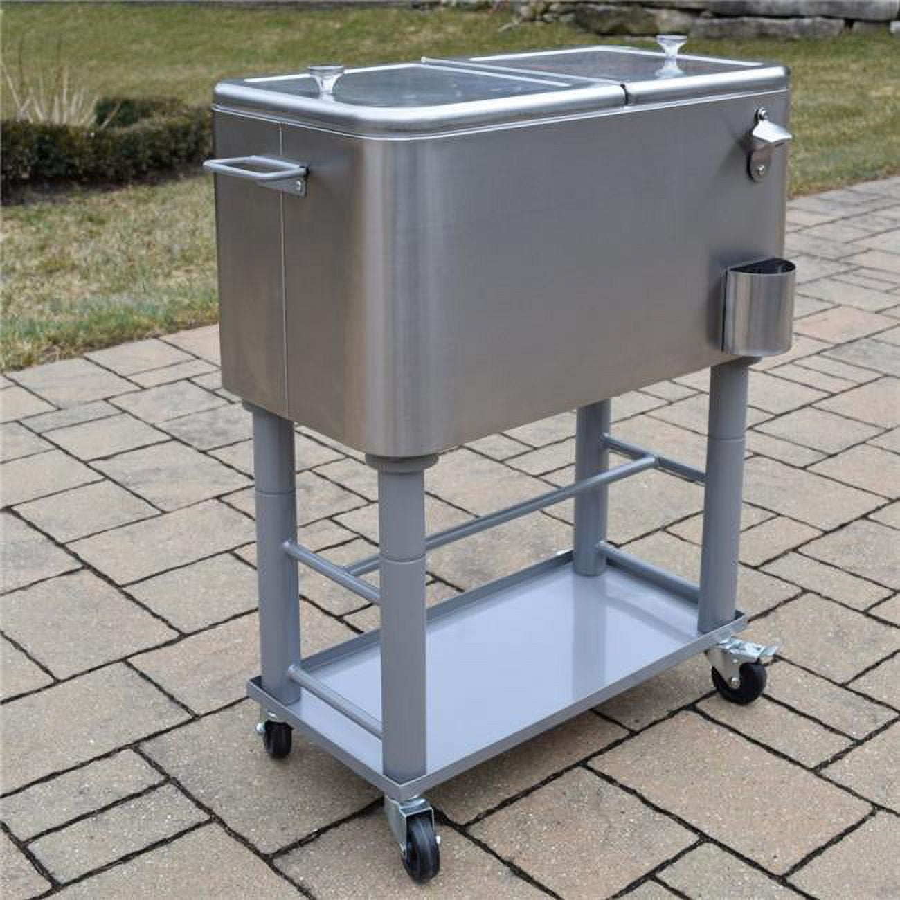 Oakland Living 91008-60-SS 15 gal Party Cooler Cart with Drain System, Bottle Opener, Caps Holder & Lock Wheels - Stainless Steel