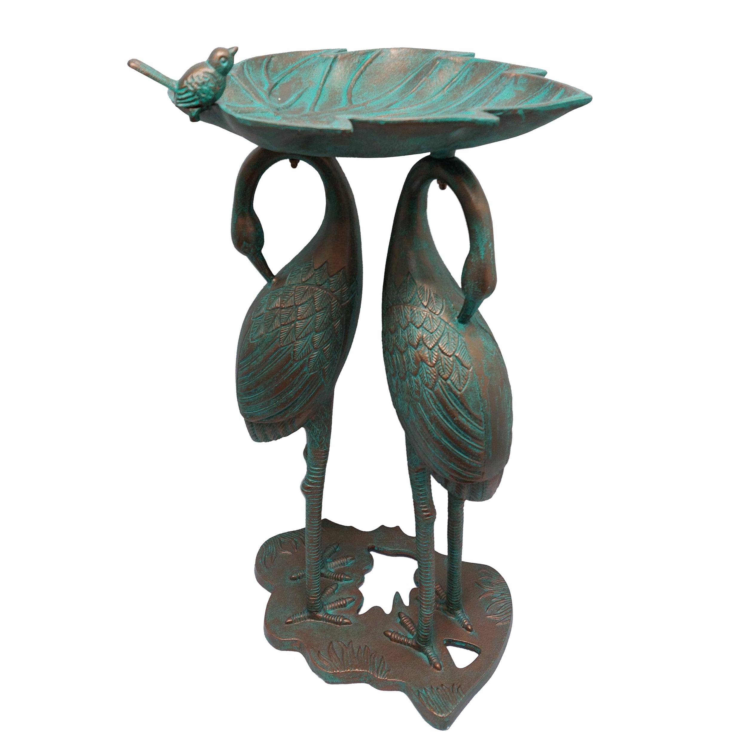 Antique Copper Cast Aluminum Twin Crane Bird Bath with Leaf Bowl