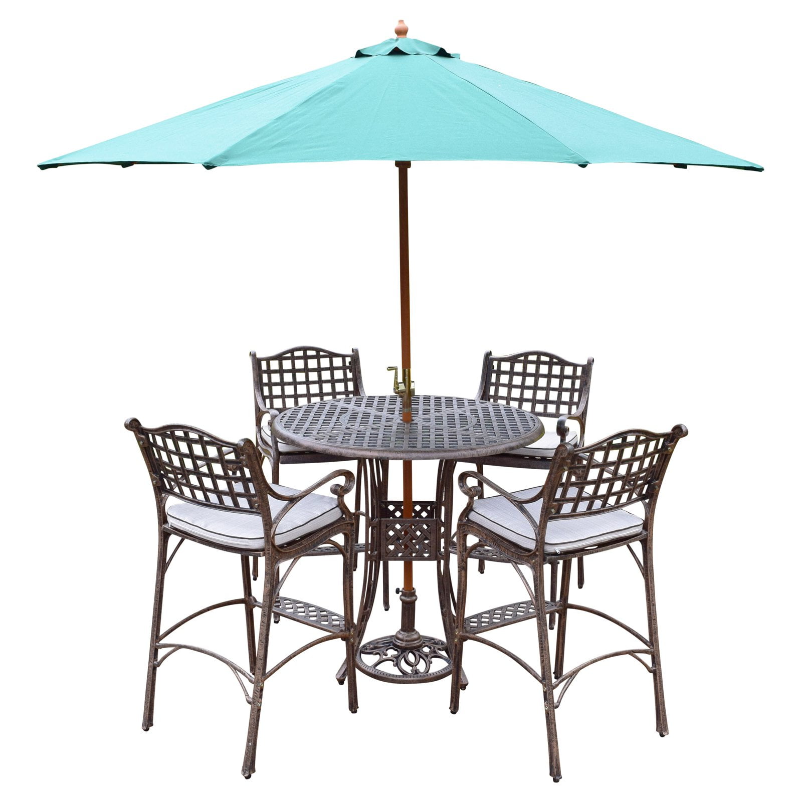 Oakland Living Elite Aluminum 7 Piece Bar Height Patio Dining Set With Blue Umbrella 6188