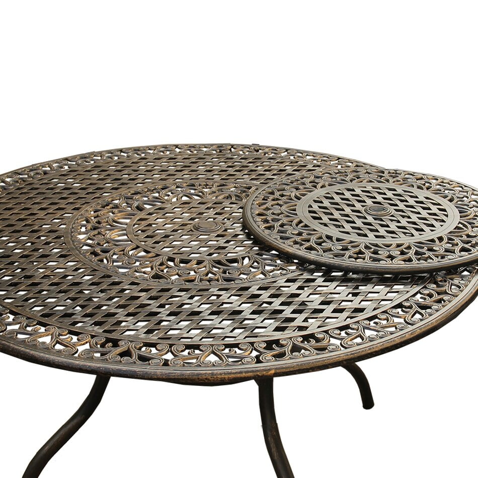 Bronze Ornate Traditional 59" Round Cast Aluminum Outdoor Dining Set with Lazy Susan