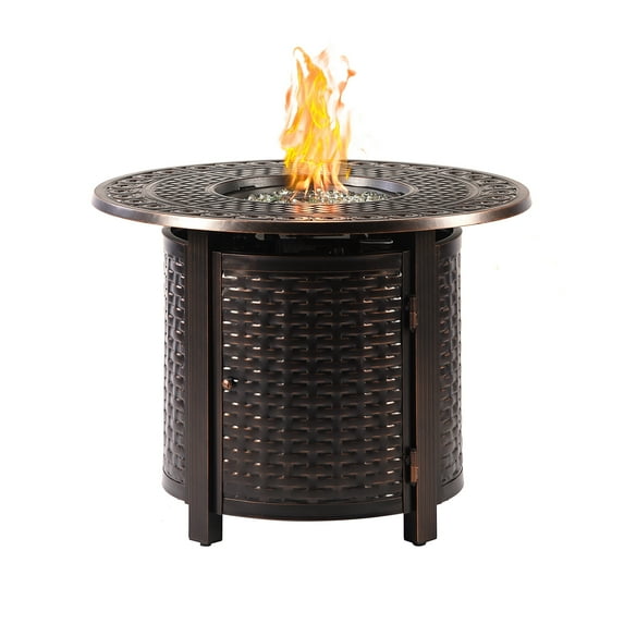 Oakland Living Round 34 in. x 34 in. Aluminum Propane Fire Pit Table with Glass Beads, Two Covers, Lid, 37,000 BTUs - N/A Antique Copper Copper