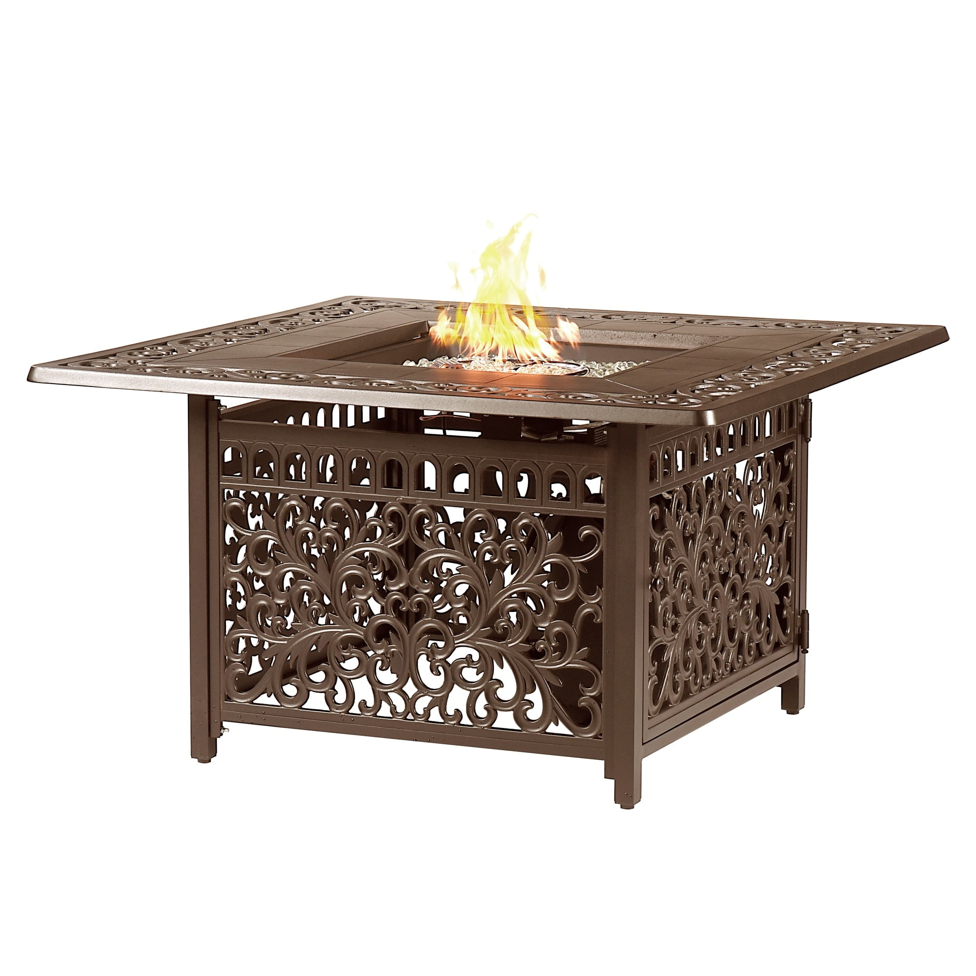 Brown Aluminum Square Gas Fire Pit Table with Glass Beads