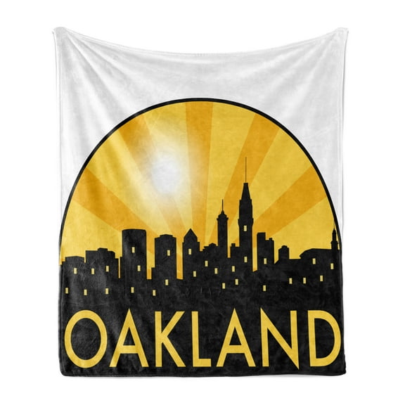 Oakland Soft Flannel Fleece Throw Blanket, Buildings and a Sunburst Effect on the Background, Cozy Plush for Indoor and Outdoor Use, 70" x 90", Grey Mustard, by Ambesonne