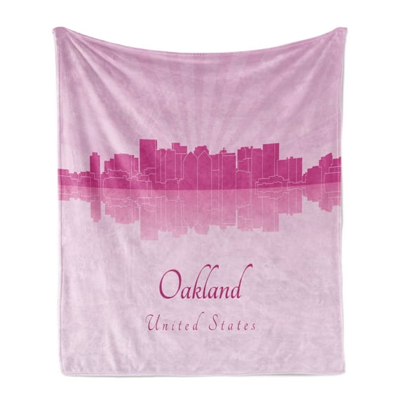 Oakland Soft Flannel Fleece Throw Blanket, Calligraphic Modern Illustration with a City Skyline, Cozy Plush for Indoor and Outdoor Use, 70" x 90", Fuchsia Mauve, by Ambesonne