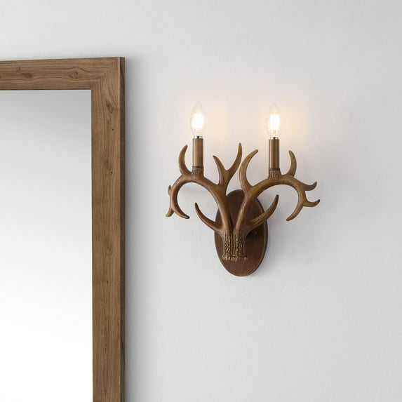 JONATHAN Y Cody 13.25" 2-Light Southwestern Bohemian Resin/Iron Faux Antler LED Vanity Light, Brown Wood Finish