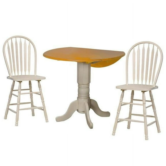Oakley 3PC 42" Round Drop Leaf Pub Table Set Off White/Oak Wood Windsor Stools