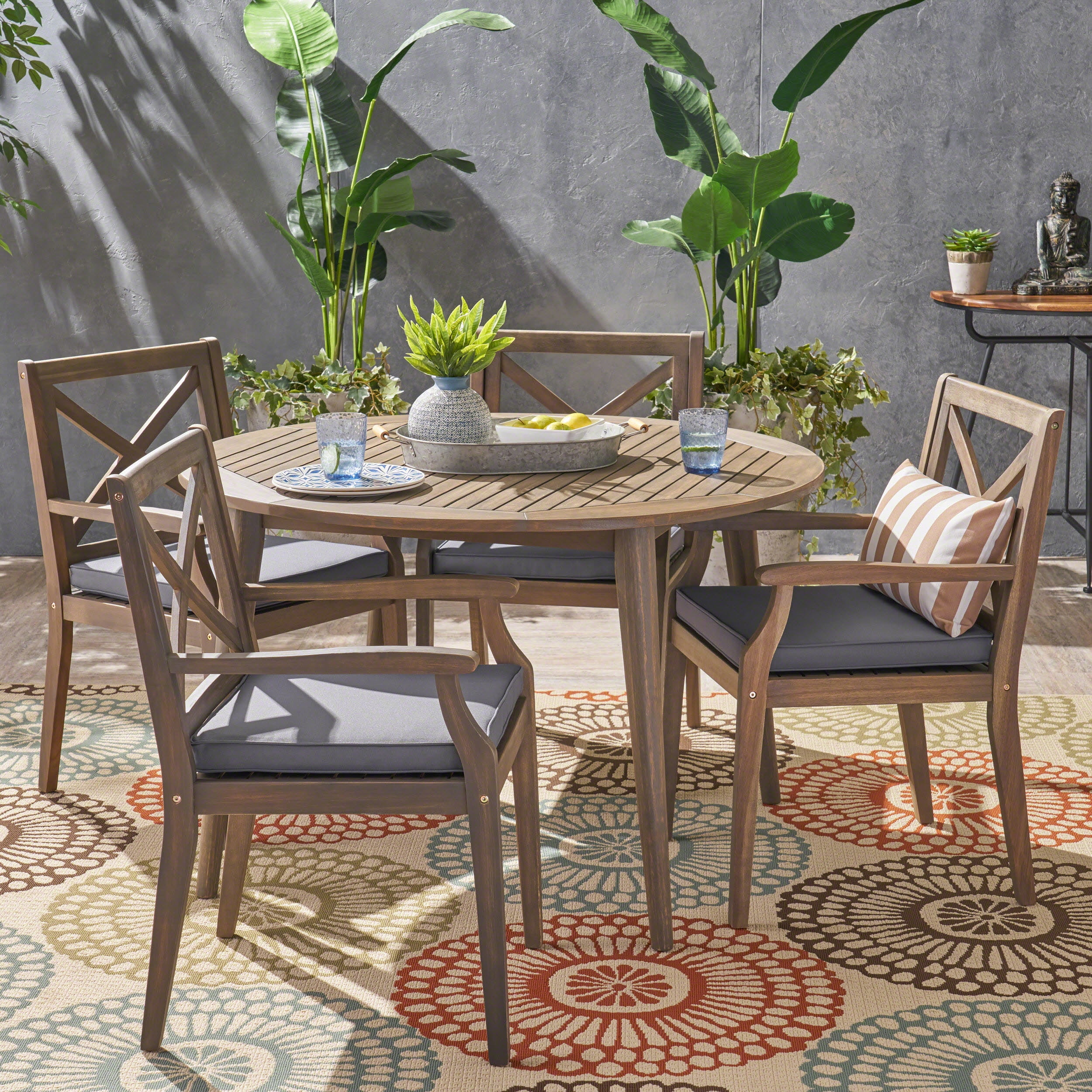 Oakley Outdoor 5 Piece Acacia Wood Round Dining Set with Cushions