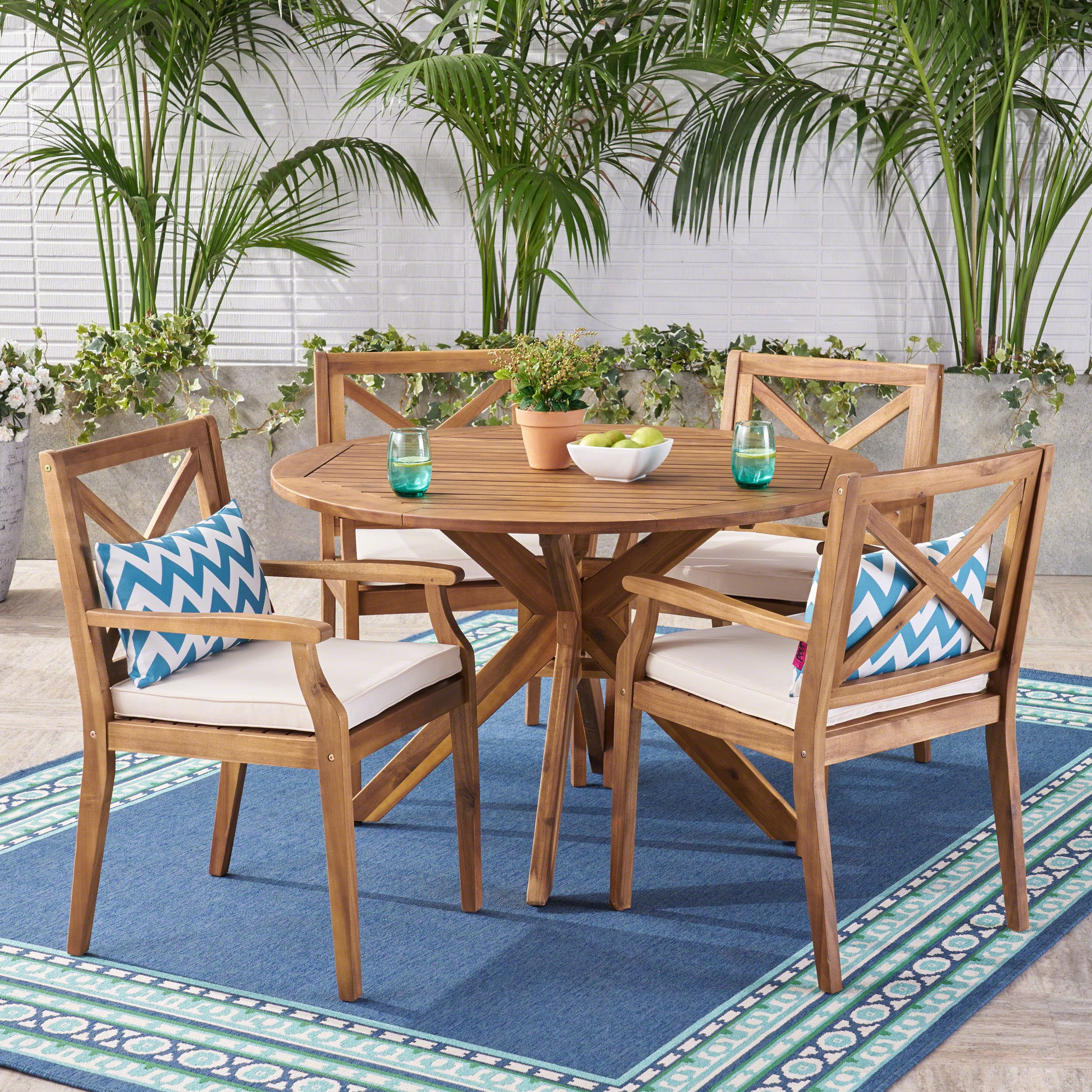 Oakley Outdoor 5 Piece Acacia Wood Round Dining Set with Cushions