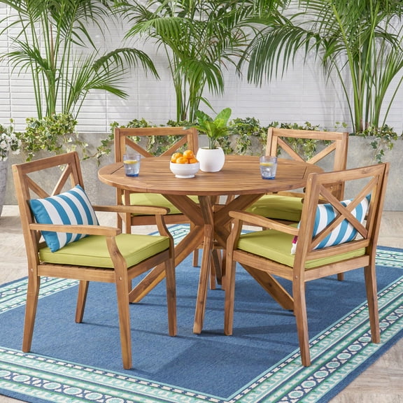 Oakley Outdoor 5 Piece Acacia Wood Round Dining Set with Cushions, Teak, Green