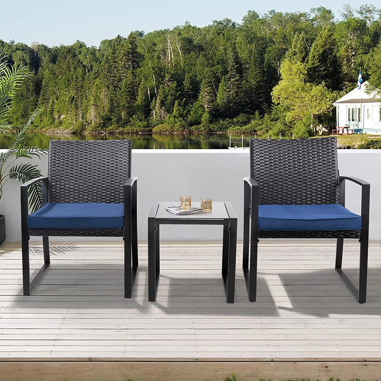 Oakmont 3 Pieces Patio Furniture Set Outdoor Wicker Conversation Set Modern Bistro Set Black