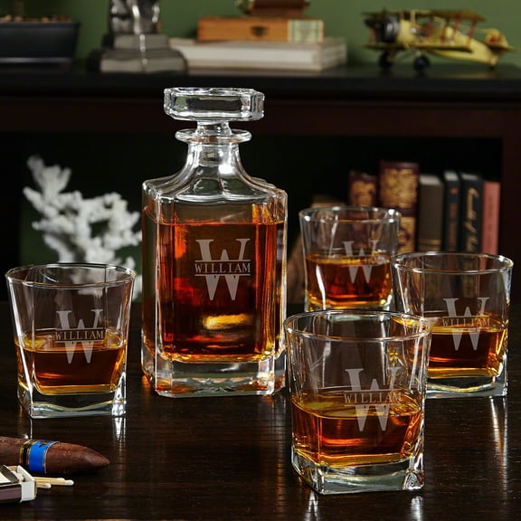 Oakmont Etched Whiskey Decanter Set with Square Rocks Glasses