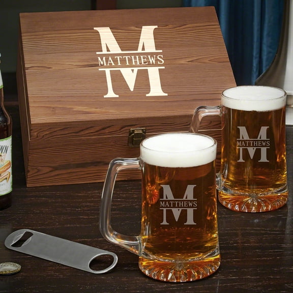 Oakmont Personalized Beer Mugs and Wooden Gift Box Set