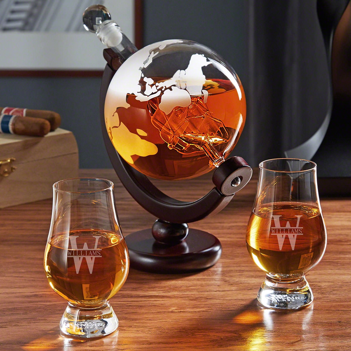 Oakmont Personalized Globe Decanter Set with Glencairn Glasses
