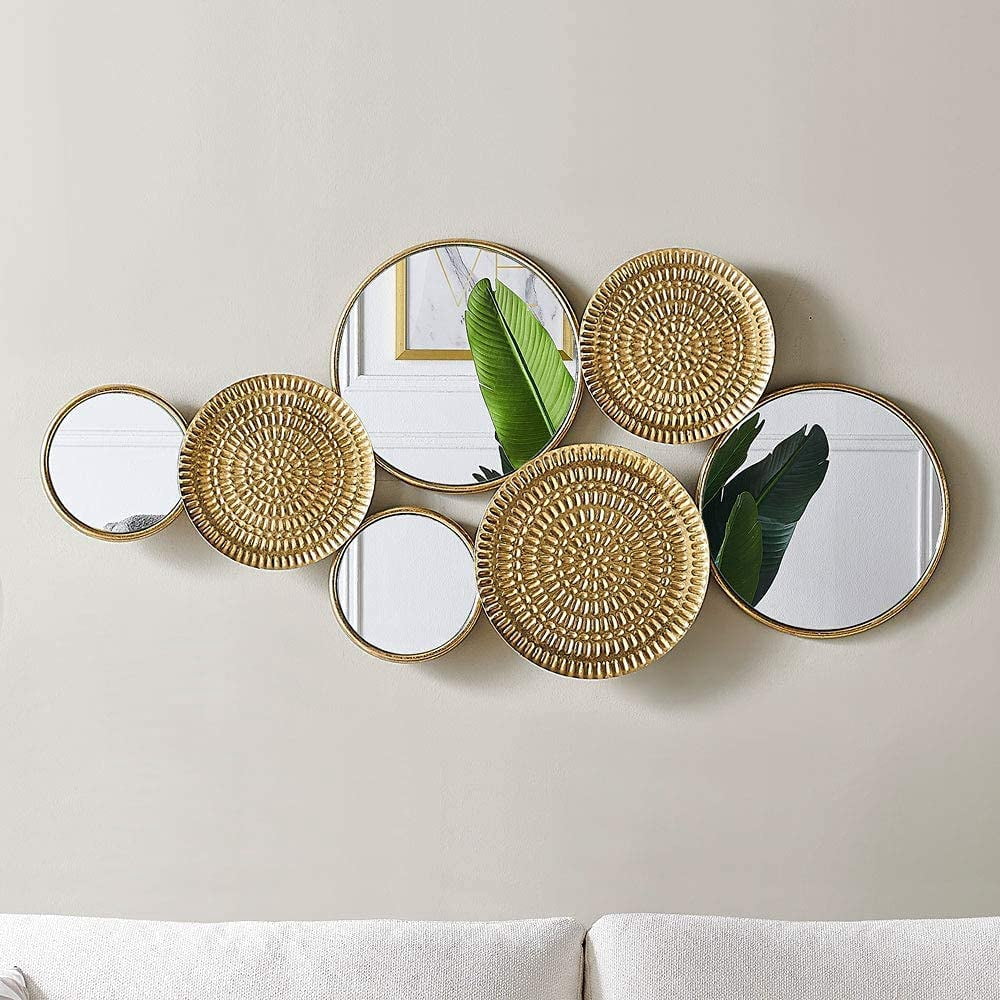 Oakrain Home Decor Metal Wall Decor with Multi Circle Plates Mirror, Large Modern Wall Art Sculpture Decor for Living Room, Office, Bedroom, 45.3 X 1.9 X 21.6 Inches, Gold