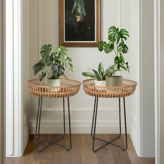 Oakrain Round Side Table, Nesting Tables Set of 2, Bamboo Coffee Table with Metal Base for Boho Living Room, Sofa, Bedroom, Terrace (20.47inch, Set of 2)