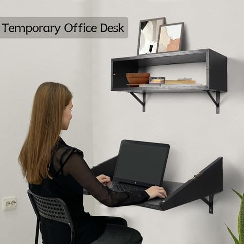 Oakrain Wall Desks for Small Space, Wall Mounted Folding Desk, Floating Desk for Office Home, Wall Folding Table, Floating Bedside Table for Bedroom (Black)