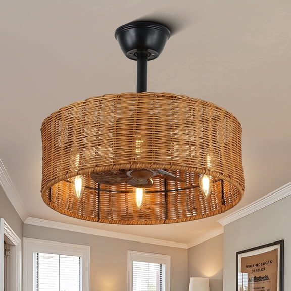 Chords Attic 18" Farmhouse Rattan Ceiling Fan with Lights and Remote, Boho Fandelier Ceiling Fan for Living Room, Bedroom