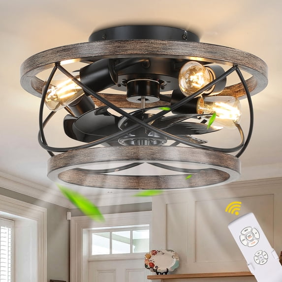 Chords Attic 18" 4-Light Farmhouse Caged Flush Mount Ceiling Fan with Lights and Remote, Rustic Low Profile Ceiling Fan for Bedroom, Living Room, Kitchen
